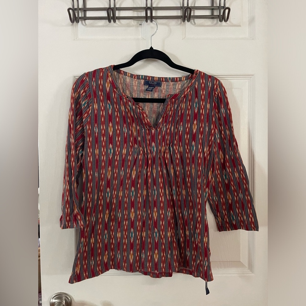 Chaps Red Multicolor Ikat-Stripe Tunic Top